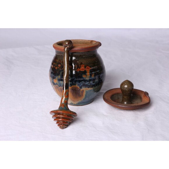 Vtg 1979's Handmade Blue & Brown Glazed Ceramic Honey Jar With Lid And Honey Dip - Picture 3 of 10